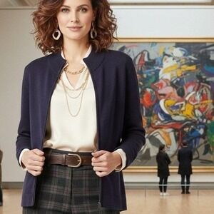 Vintage 80s Christopher Banks XL Navy Full Zip Cotton Blend Mock Neck Cardigan